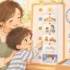 ASDの子どもの1日ルーティンを視覚スケジュールで確認する親子のイラスト