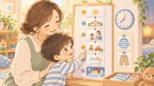 ASDの子どもの1日ルーティンを視覚スケジュールで確認する親子のイラスト