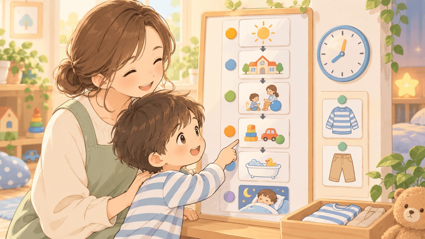 ASDの子どもの1日ルーティンを視覚スケジュールで確認する親子のイラスト