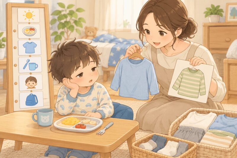 ASDと触覚過敏のある子どもが朝の支度で服を選ぶ親子のイラスト