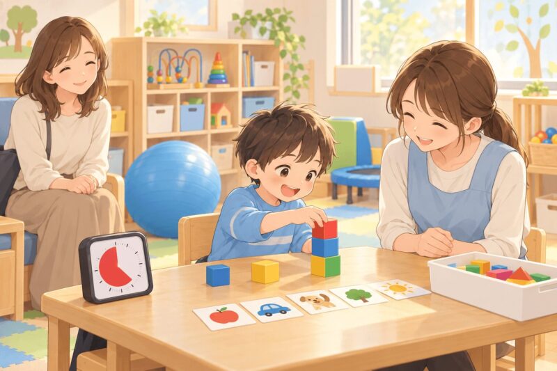 児童発達支援でブロックや絵カードに取り組む子どものイラスト