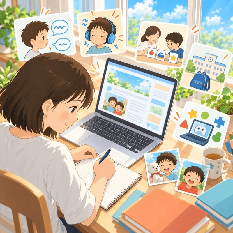 発達障害育児の体験をブログ記事や支援教材にまとめる母親のイラスト