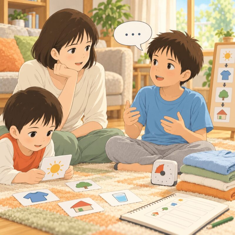 感覚過敏や吃音に配慮しながら家庭で子どもを支える母親のイラスト