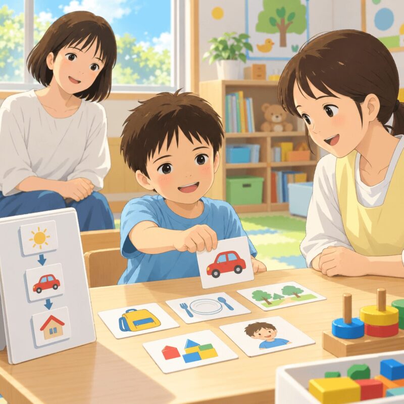 asd-parenting-therapy-support-reference-style.png	療育で視覚カードを使いながら支援を受ける子どものイラスト
