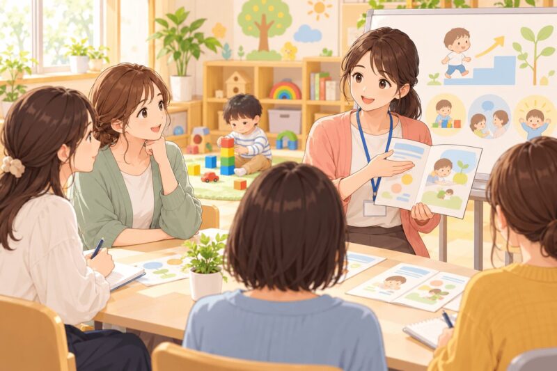 decision-study-meeting.png	療育センターの勉強会で児童発達支援について知る母親のイラスト