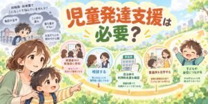 児童発達支援が必要か悩む親子が利用までの流れを確認するイラスト