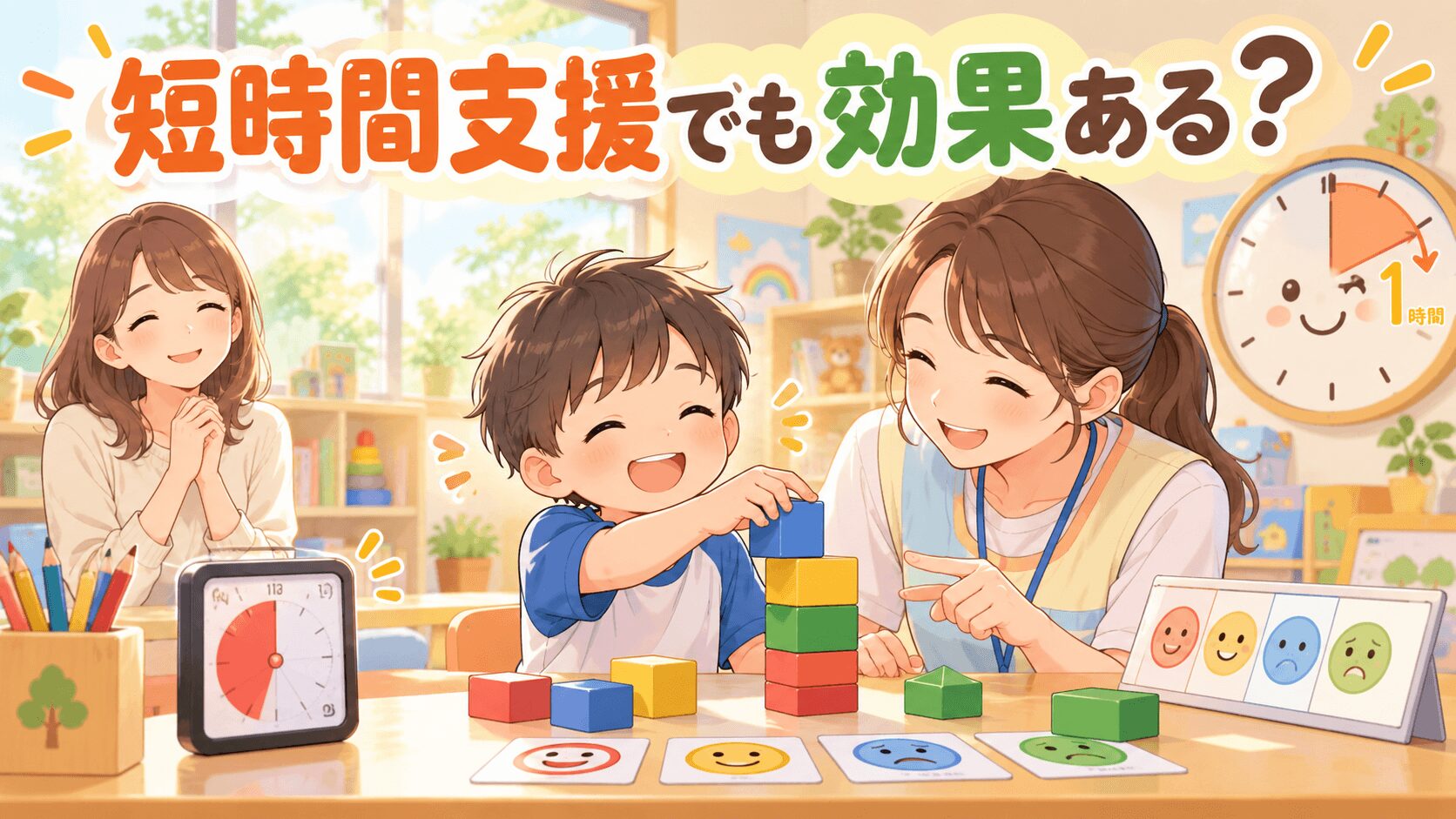 短時間の児童発達支援で1時間の集中支援を受ける子どものイラスト