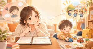 発達検査を受けるか迷いながら子どもの園生活や困りごとを考える母親のイラスト