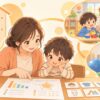 発達検査の結果をもとに家庭・園・療育で支援を見直す親子のイラスト