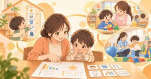発達検査の結果をもとに家庭・園・療育で支援を見直す親子のイラスト