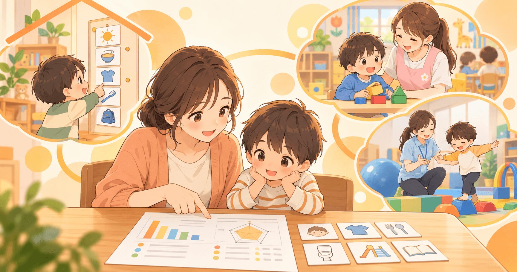 発達検査の結果をもとに家庭・園・療育で支援を見直す親子のイラスト