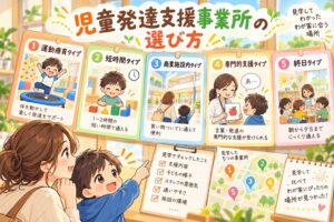 児童発達支援事業所の選び方を5つのタイプで比較する親子のイラスト