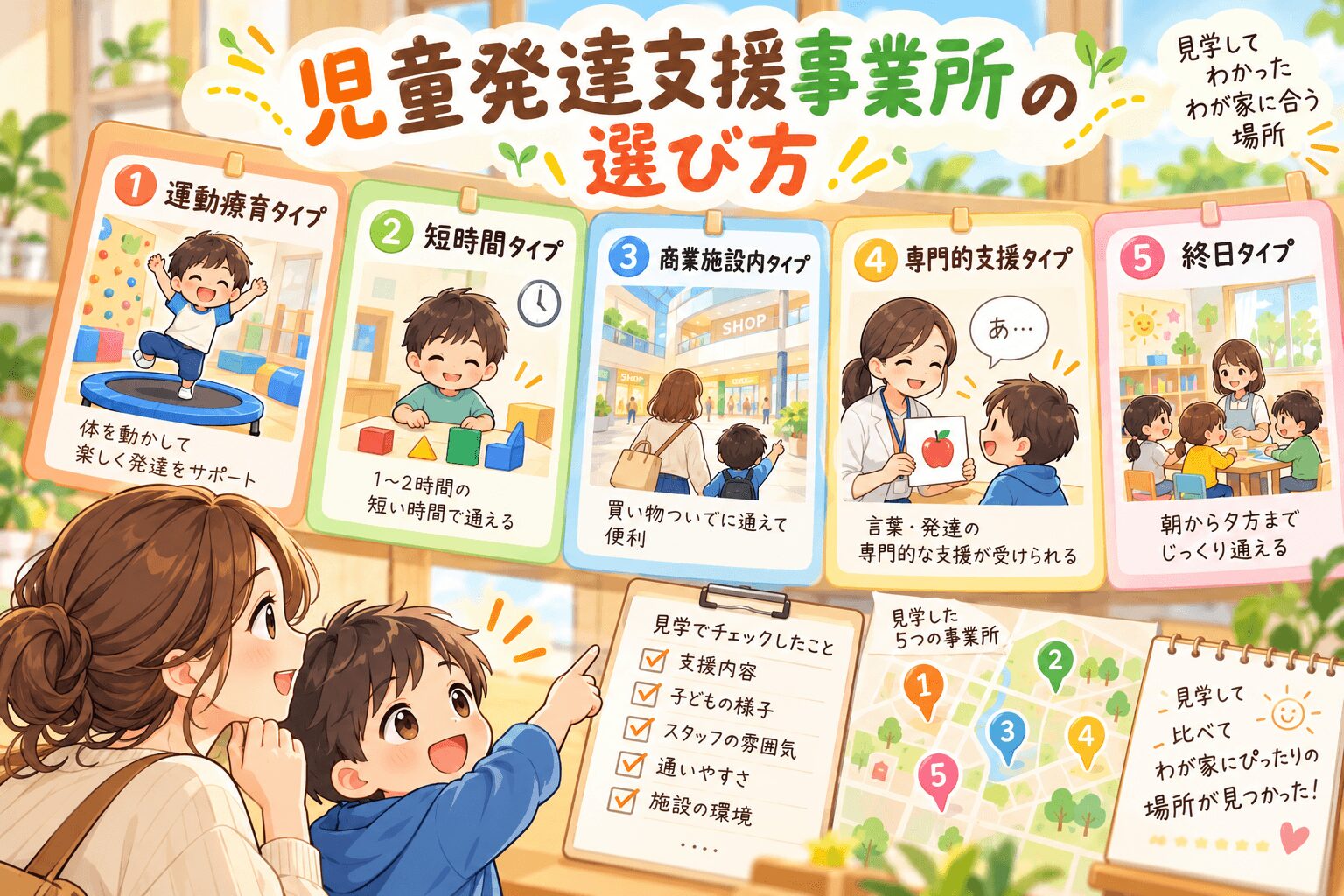 児童発達支援事業所の選び方を5つのタイプで比較する親子のイラスト