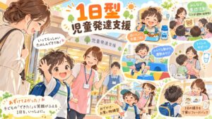 1日型児童発達支援で子どもが集団活動や運動遊び、食事、トイレ支援を受ける様子のイラスト