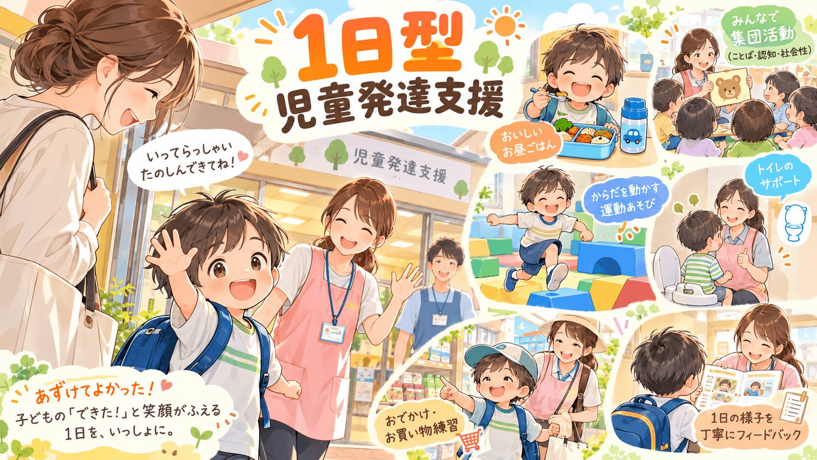 1日型児童発達支援で子どもが集団活動や運動遊び、食事、トイレ支援を受ける様子のイラスト