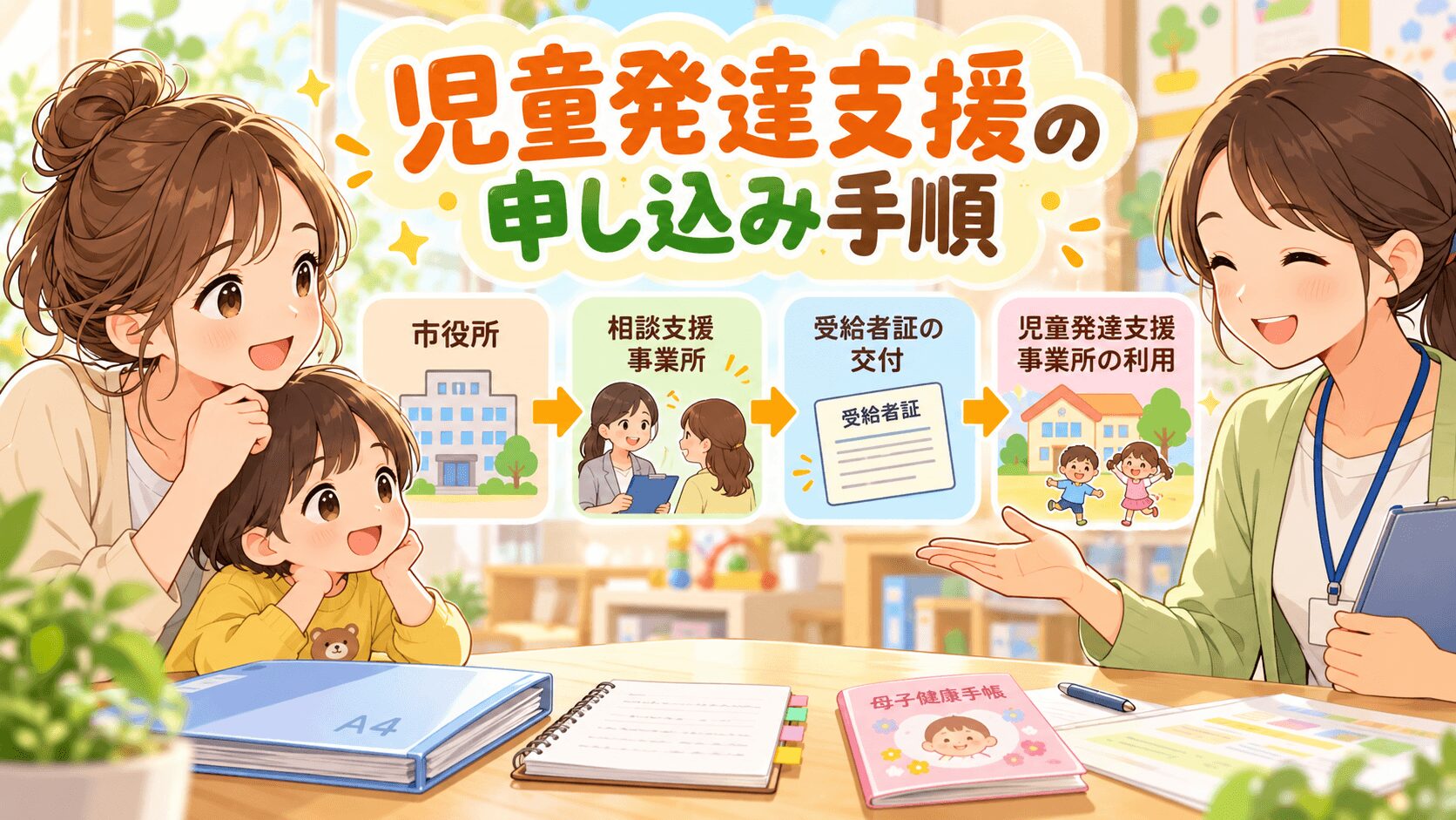 児童発達支援の申し込み手順を親子と相談員が確認するイラスト