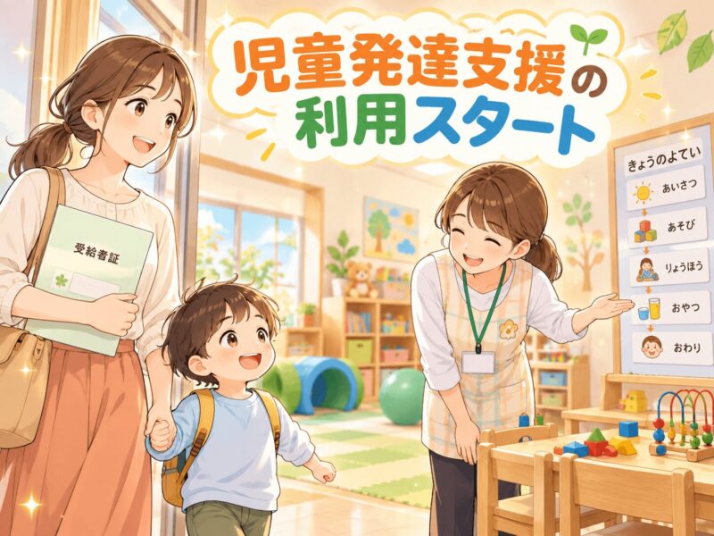 受給者証を持った親子が児童発達支援事業所の利用を始めるイラスト