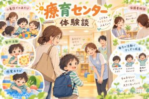 療育センターに親子で通い小集団活動や保護者相談を受ける様子のイラスト