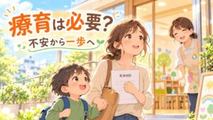 家庭で絵カードやタイマーや記録ノートを使って子どもを支援する親子のイラスト