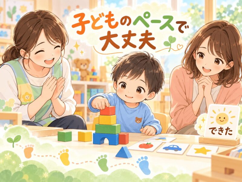 療育で子どものペースを大切にしながら活動に参加する親子のイラスト