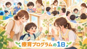 療育プログラムの1日の流れを親子と先生が体験するイラスト