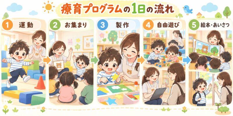 療育プログラムの1日の流れを運動・お集まり・製作・自由遊び・絵本で説明する図解