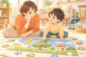 パズルのできた部分を指さして話す子どもと、笑顔で話を聞く母親