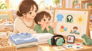 感覚過敏の子どもが家庭で快適に過ごす工夫を親子で確認するイラスト