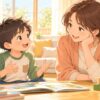 吃音のある男の子が母親と安心して会話する家庭練習のイラスト