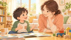 吃音のある男の子が母親と安心して会話する家庭練習のイラスト