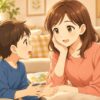 吃音のある男の子の話を母親が急かさず聞く親子のイラスト