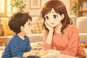 吃音のある男の子の話を母親が急かさず聞く親子のイラスト