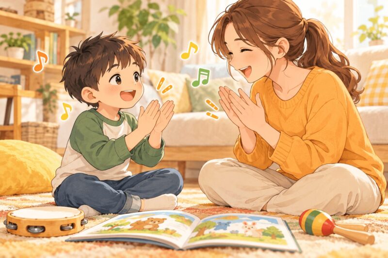 stuttering-rhythm-play-practice.png	吃音のある男の子が母親と手拍子でリズム遊びをするイラスト