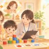発達検査WPPSI-IIIで積み木やカードに取り組む子どもと見守る母親のイラスト