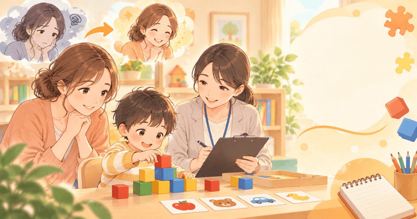 発達検査WPPSI-IIIで積み木やカードに取り組む子どもと見守る母親のイラスト