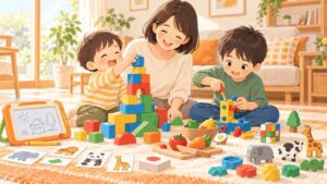 2歳から6歳の兄弟が母親とさまざまな知育おもちゃで遊ぶイラスト