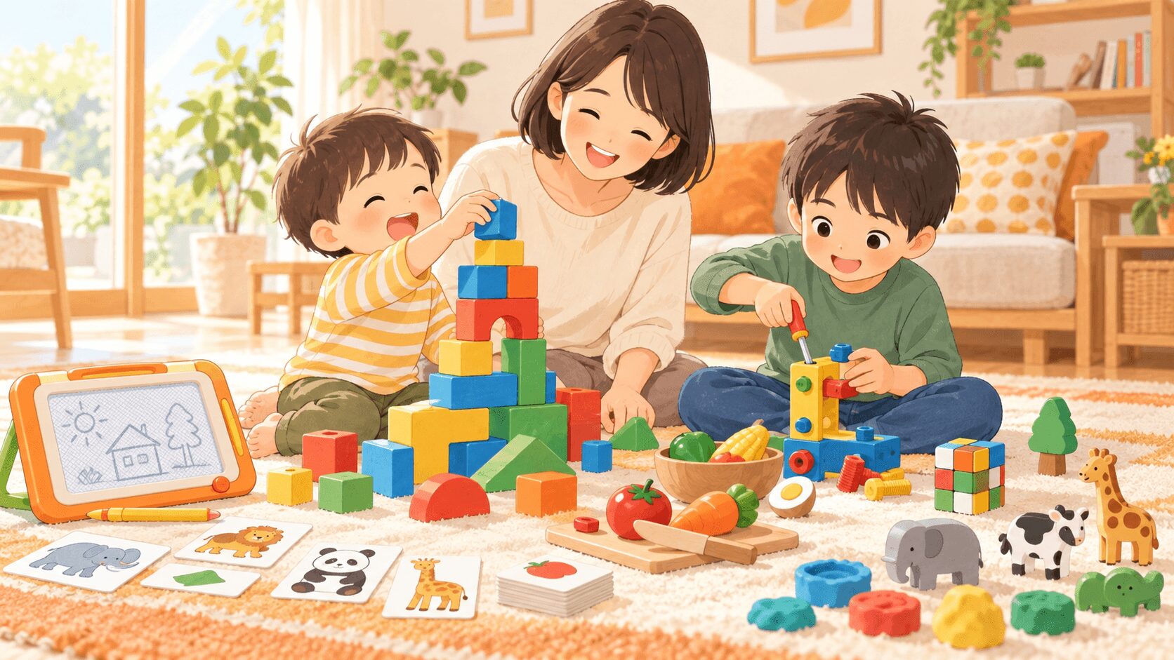 2歳から6歳の兄弟が母親とさまざまな知育おもちゃで遊ぶイラスト