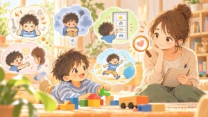 ASDの子どもの行動の背景を理解し家庭で支援する親子のイラスト