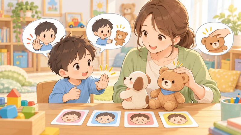 友達との距離感や気持ちの伝え方をぬいぐるみと感情カードで練習する親子のイラスト
