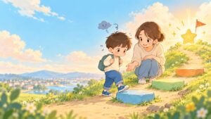 失敗への不安を抱えながら小さな一歩に挑戦する男の子と見守る母親