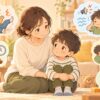 子どもの気になる行動の背景を母親が一緒に考え発達特性に合った支援を探しているイラスト