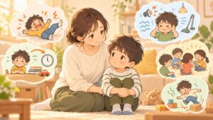 子どもの気になる行動の背景を母親が一緒に考え発達特性に合った支援を探しているイラスト