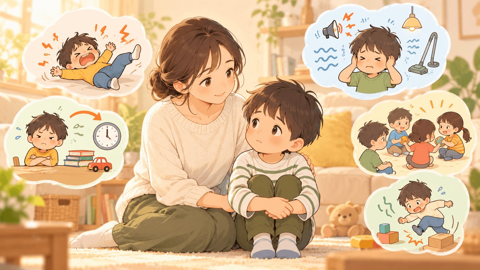 子どもの気になる行動の背景を母親が一緒に考え発達特性に合った支援を探しているイラスト