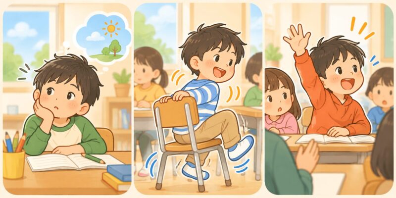 ADHDの子どもに見られる不注意・多動性・衝動性の特徴を示した図解イラスト