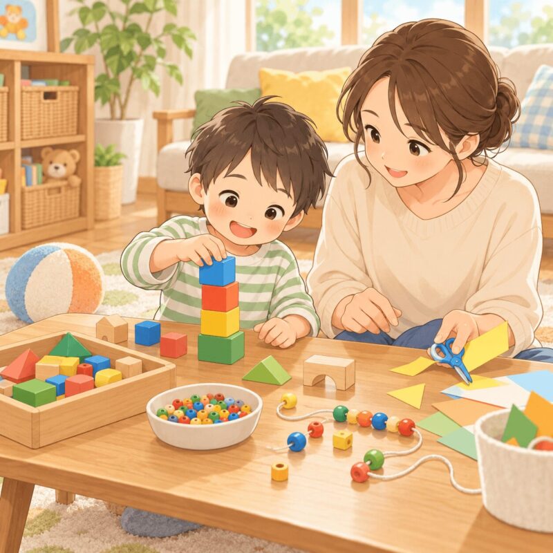 DCDや不器用さがある子どもがブロックやビーズで手先を使う遊びをするイラスト