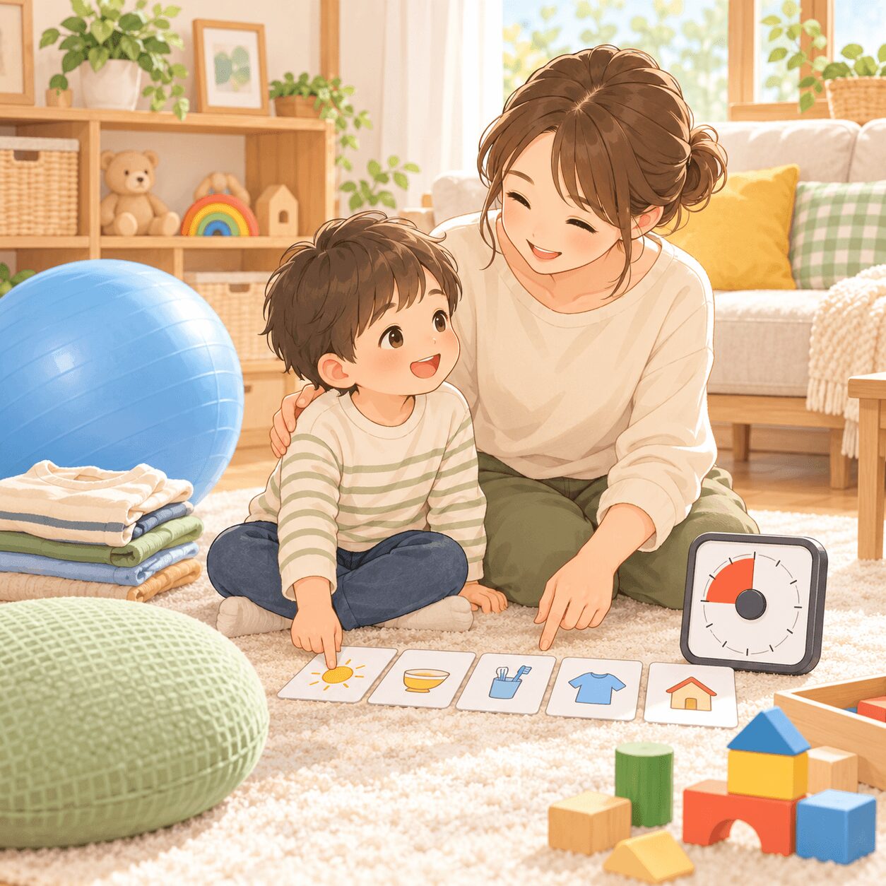 発達障害の子どもに家庭でできる支援を視覚支援カードやタイマーでサポートする親子のイラスト