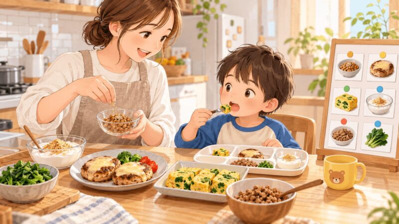 納豆や豆腐ハンバーグなど家庭でできる鉄と亜鉛の食事サポートをする親子のイラスト