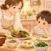 発達障害の子どもの栄養を考えて鉄と亜鉛を含む食事を用意する母親のイラスト