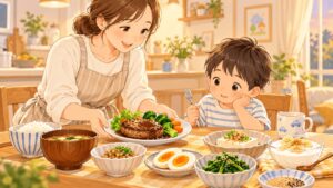 発達障害の子どもの栄養を考えて鉄と亜鉛を含む食事を用意する母親のイラスト