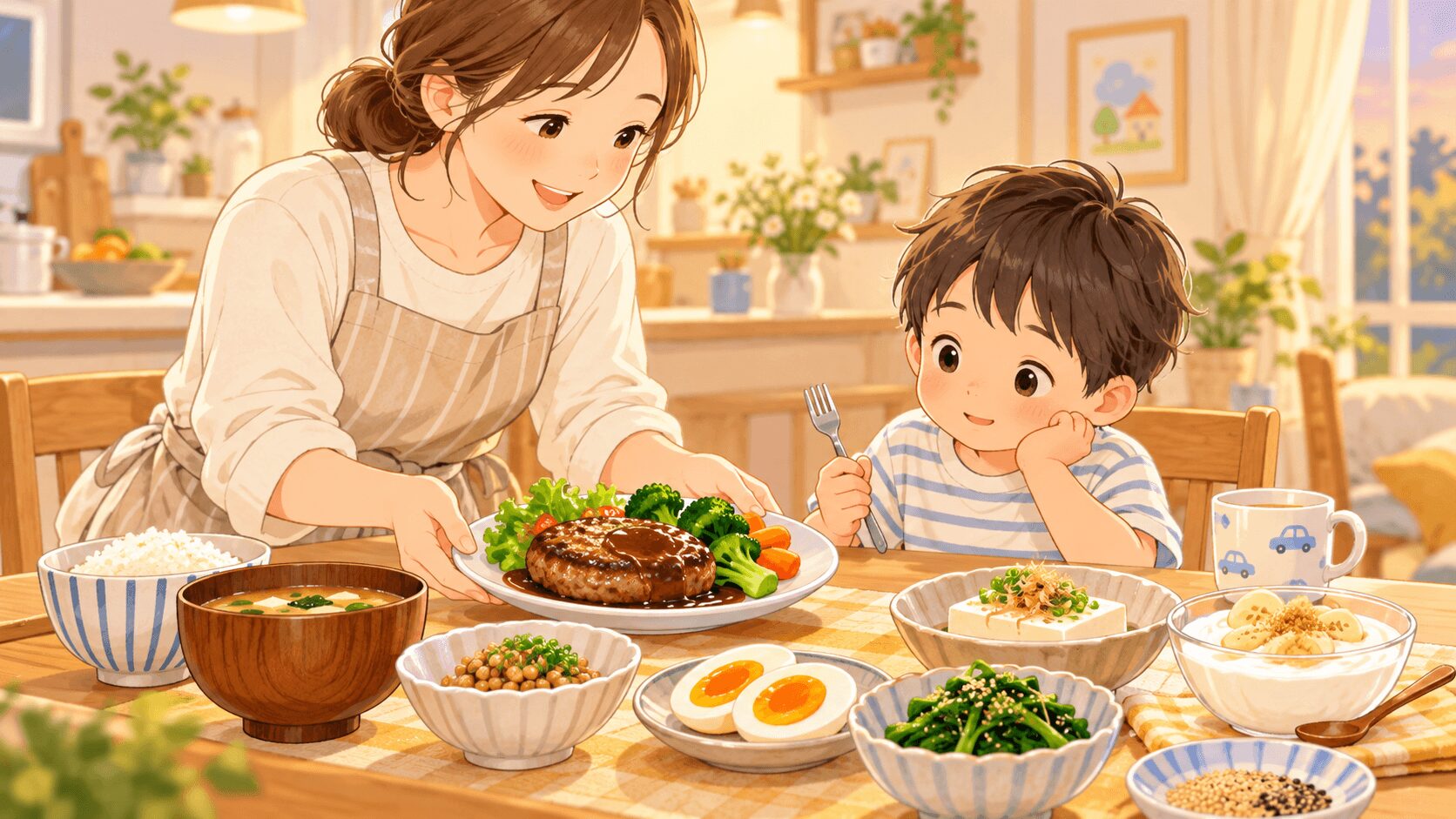 発達障害の子どもの栄養を考えて鉄と亜鉛を含む食事を用意する母親のイラスト
